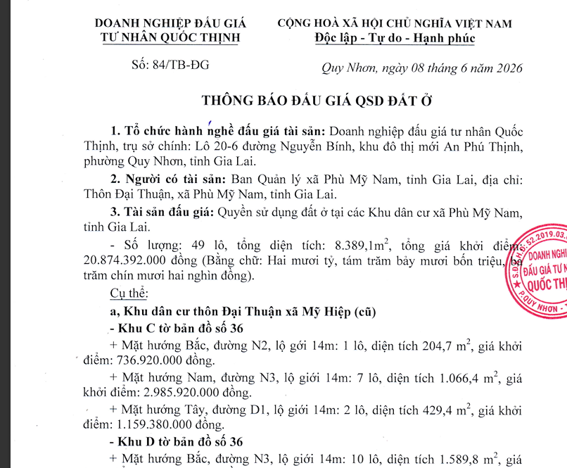 THÔNG BÁO ĐẤU GIÁ QSD ĐẤT Ở TẠI CÁC KHU DÂN CƯ XÃ PHÙ MỸ NAM, TỈNH GIA LAI
