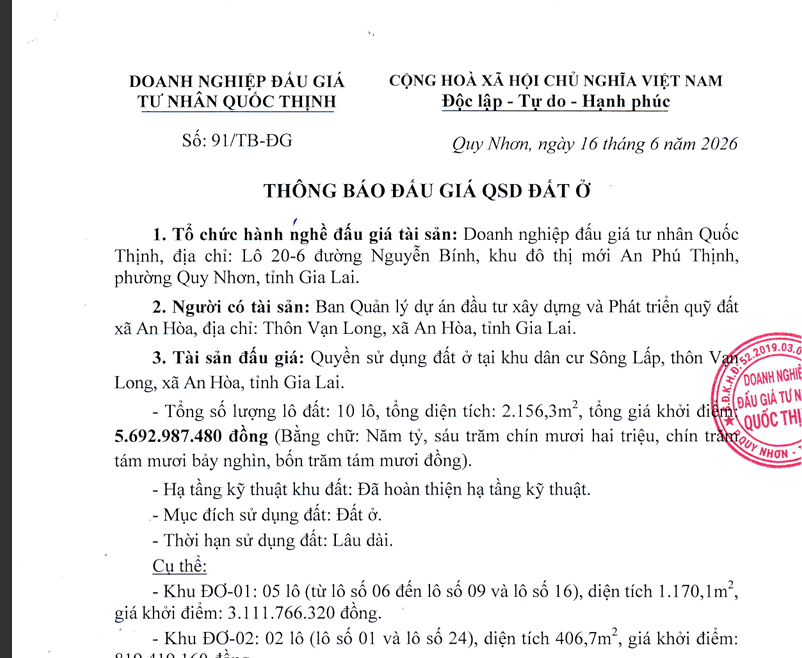 THÔNG BÁO ĐẤU GIÁ QSD ĐẤT Ở TẠI KHU DÂN CƯ SÔNG LẤP, THÔN VẠN LONG, XÃ AN HÒA, TỈNH GIA LAI