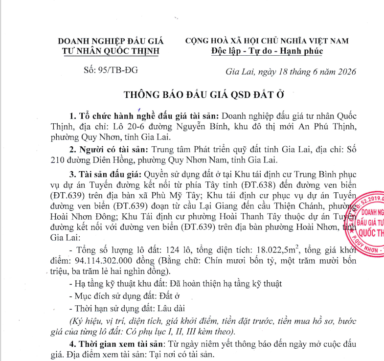 THÔNG BÁO ĐẤU GIÁ QSD ĐẤT Ở TẠI KHU TÁI ĐỊNH CƯ TRUNG BÌNH, KHU TÁI ĐỊNH CƯ PHỤC VỤ DỰ ÁN TUYẾN ĐƯỜNG VEN BIỂN (ĐT.639), KHU TÁI ĐỊNH CƯ PHƯỜNG HOÀI THANH TÂY