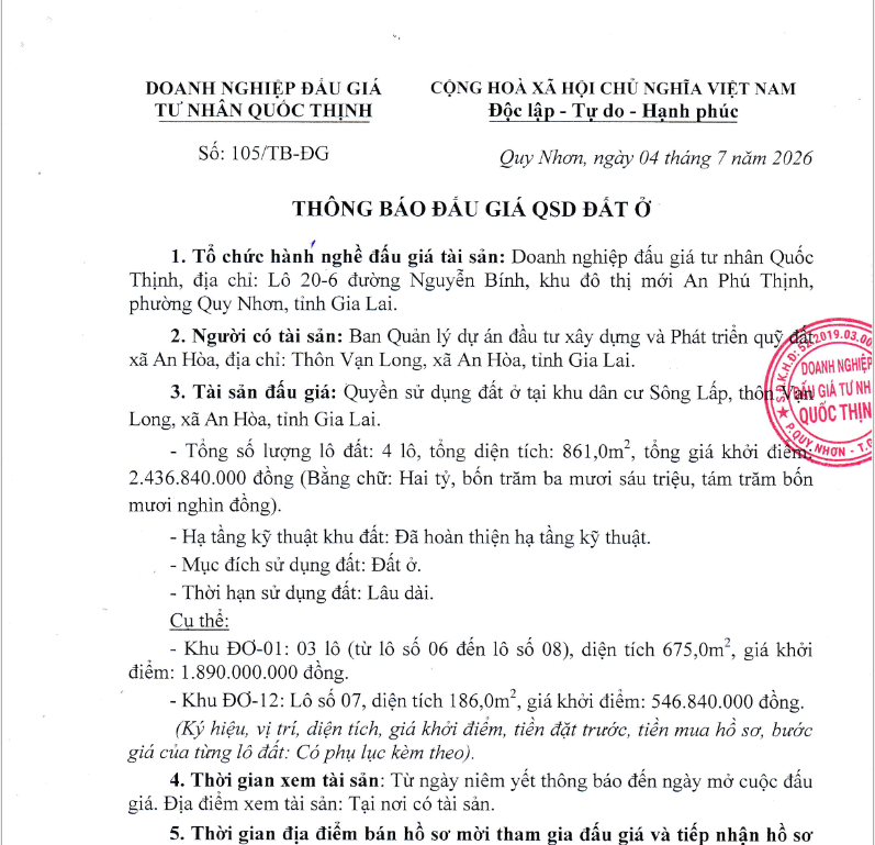 THÔNG BÁO ĐẤU GIÁ QSD ĐẤT Ở TẠI KHU DÂN CƯ SÔNG LẤP, THÔN VẠN LONG, XÃ AN HÒA, TỈNH GIA LAI
