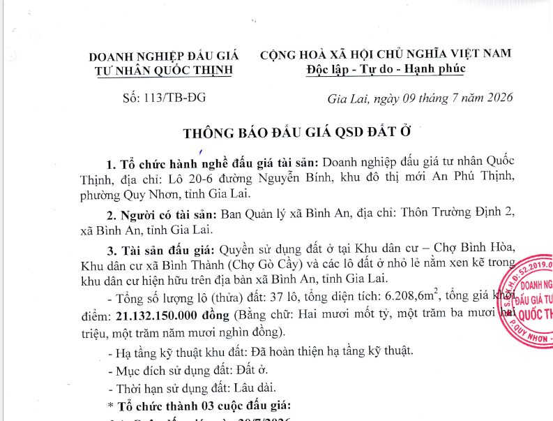 THÔNG BÁO ĐẤU GIÁ QSD ĐẤT Ở TẠI KHU DÂN CƯ – CHỢ BÌNH HÒA, KHU DÂN CƯ XÃ BÌNH THÀNH (CHỢ GÒ CẦY) VÀ CÁC LÔ ĐẤT Ở NHỎ LẺ NẰM XEN KẼ TRONG KHU DÂN CƯ HIỆN HỮU TRÊN IỊA BÀN XÃ BÌNH AN, TỈNH GIA LAI