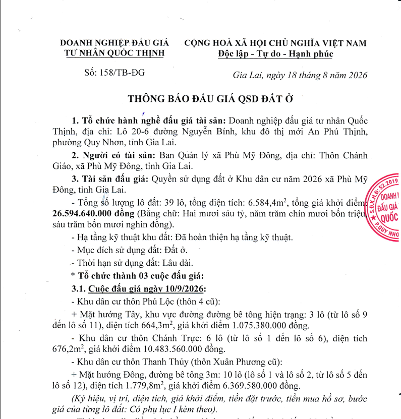 THÔNG BÁO ĐẤU GIÁ QSD ĐẤT Ở KHU DÂN CƯ NĂM 2026 XÃ PHÙ MỸ ĐÔNG, TỈNH GIA LAI