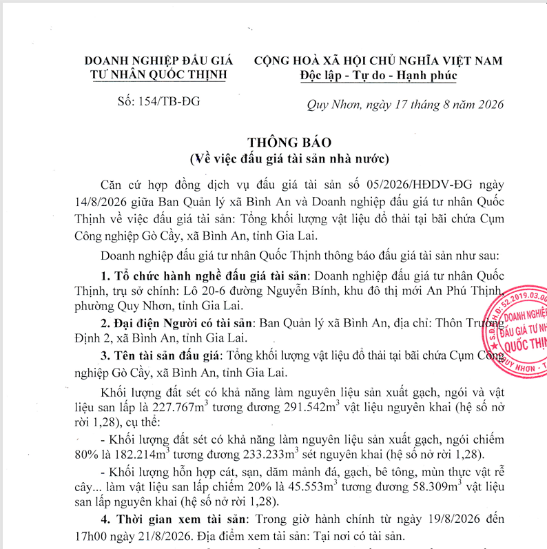 THÔNG BÁO ĐẤU GIÁ TÀI SẢN: TỔNG KHỐI LƯỢNG VẬT LIỆU ĐỎ THẢI TẠI BÃI CHỨA CỤM CÔNG NGHIỆP GÒ CẦY, XÃ BÌNH AN, TỈNH GIA LAI