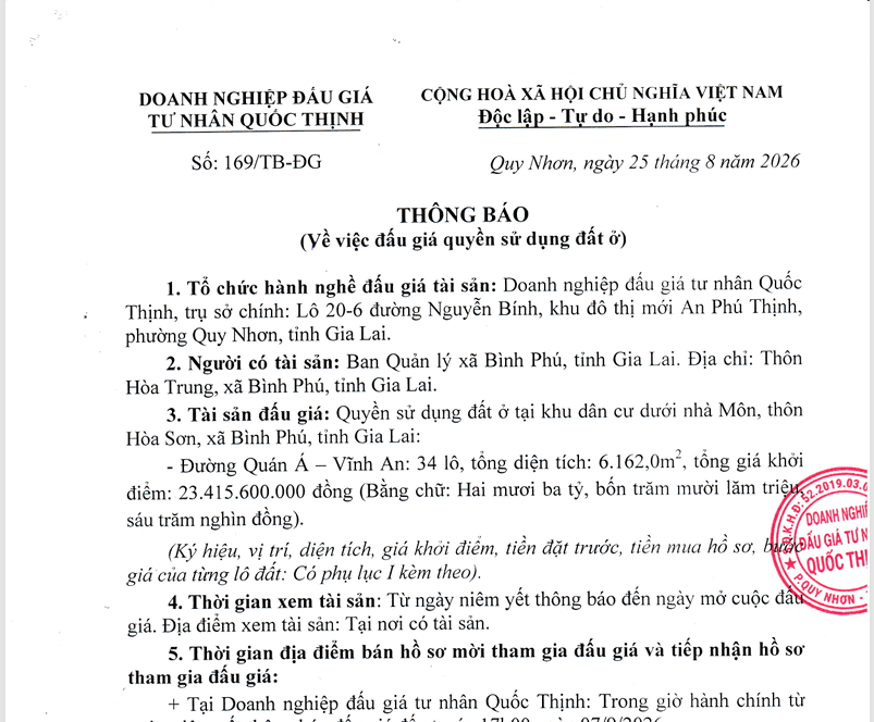 THÔNG BÁO ĐẤU GIÁ QUYỀN SỬ DỤNG ĐẤT Ở TẠI KHU DÂN CƯ DƯỚI NHÀ MÔN, THÔN HÒA SƠN, XÃ BÌNH PHÚ, TỈNH GIA LAI